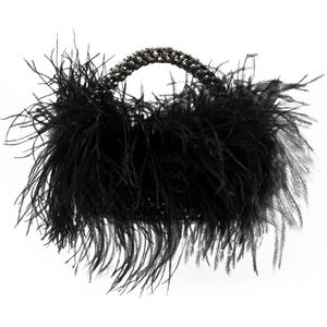 Miuco Real Natural Ostrich Feather Beaded Handbags For Women Handmade Evening Bags Clutch Purse (Black)
