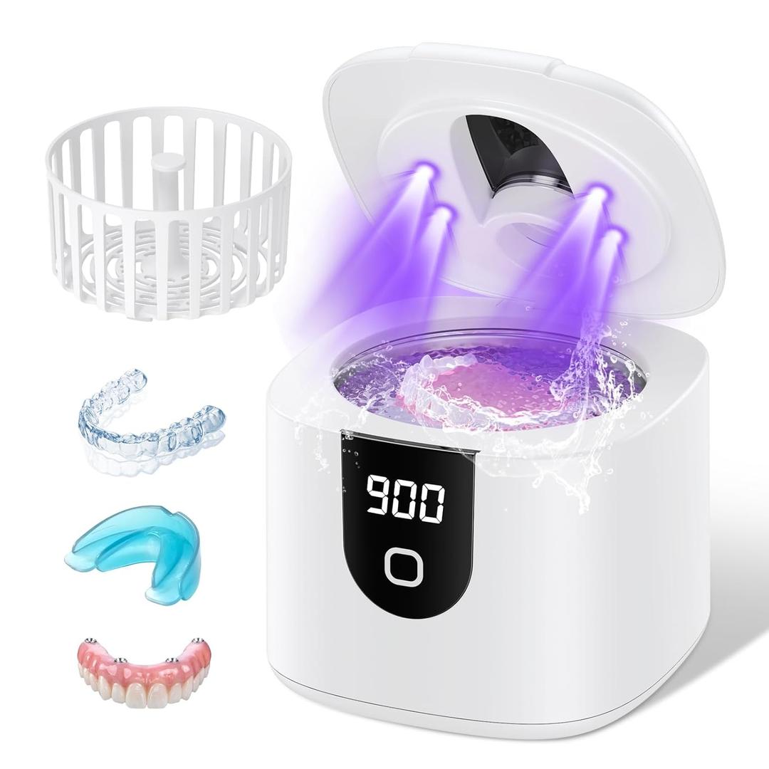 45kHz Ultrasonic Retainer Denture Cleaner Machine, Fast Cleaning for Aligners, Mouth Guards, Braces, Toothbrush Heads & Jewelry, 200ML Dental Cleaning Pod, 4 Modes & Digital Timer (White)