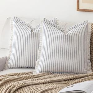 YEENAASY Striped Farmhouse Throw Pillow Covers 22X22 Set of 2 Boho Pillow Cover with Fringe Tassel Chic Cotton Decorative Pillows Modern Neutral Square Cushion Pillowcase for Sofa Couch Bed, Blue