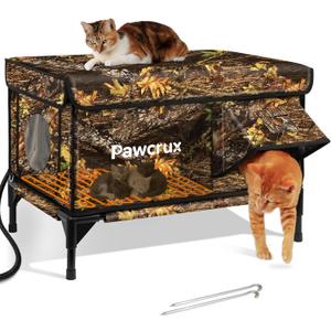 Weatherproof Heated Cat House for Outdoor in Winter, Heated Cat Bed Kitty Shelter with Cat Heating Pad, Insulated & Safe Escape Door, Warm House for Outside Stray Cat (Leaf Color, 17"x25"x17")