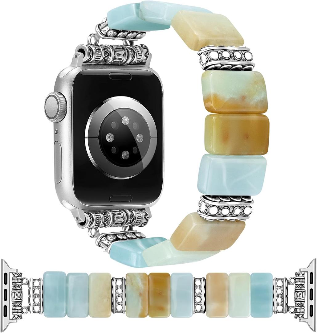 Beaded Natural Stone Bracelet Band Women Compatible with Apple Watch 42(S3/2/1) 44/45/46/49mm Boho Elastic Western Vintage Imperial Stone Strap for iWatch Series 11/10/9/8/7/6/5/4/SE/Ultra