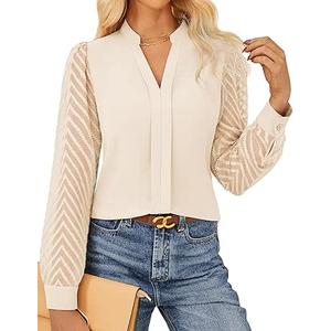 GRACE KARIN Women Business Casual Tops Sheer Lace Long Sleeve Blouses Work Office Pleated V Neck Shirt Fall Formal Outfits Size S