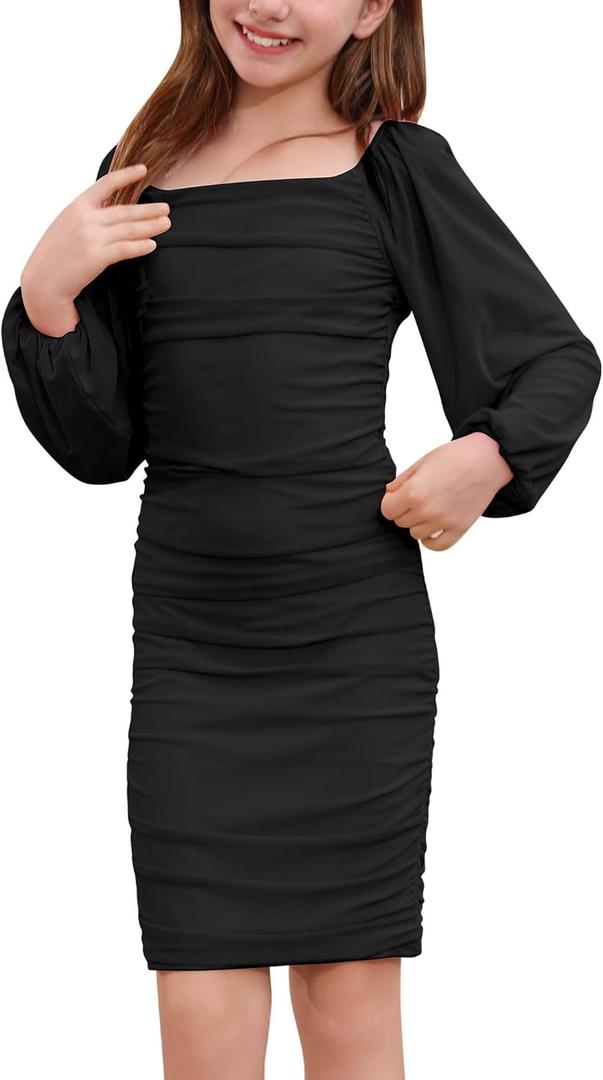 Teen Girl Long Puff Sleeve Bodycon Dress Junior Prom HOCO Formal Outfits Tween Birthday Pageant Tight Pencil Dress (9-10 Years, Black)