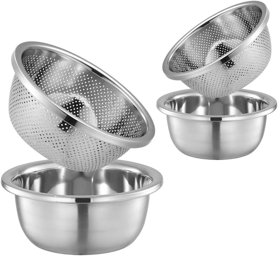 4-Piece Stainless Steel Mixing Bowls and Microporous Colanders Set, 3QT & 5QT Nesting Bowls with Fine Drain Strainers for Washing Rice, Fruits, Vegetables, Pasta, and More