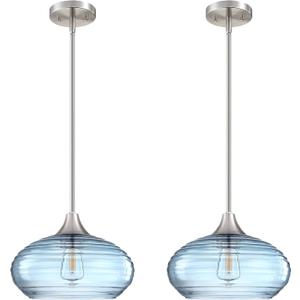 2 Pack 1 Light 10" Kitchen Island Hanging Pendant Light Farmhouse Dining Ancient Blue Glass Shade Light Fixture,with Brushed Nickel Finish for Bathroom,Over Sink