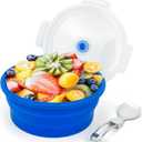 1200ml Large Collapsible Lunch Bowl With Lid, Camping Bowls with Foldable Spoon, Silicone Bento Box, For Meal Prep & Food Storage, Space Saving In Cabinet, Microwave Dishwasher Safe, Blue