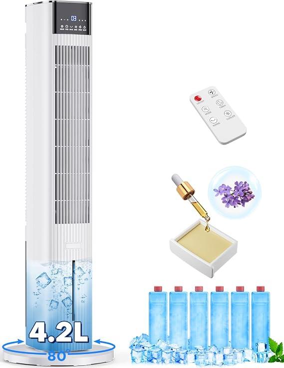 BIGOOSE 42 INCH Swamp Cooler Air Conditioner w/ 4 Modes & 3 Speeds, Aroma&Memory Function Portable Evaporative Air Cooler, 4.2L Dual Tank, 15H Timer, 6 Ice Packs Windowless Air Conditioner for Bedroom