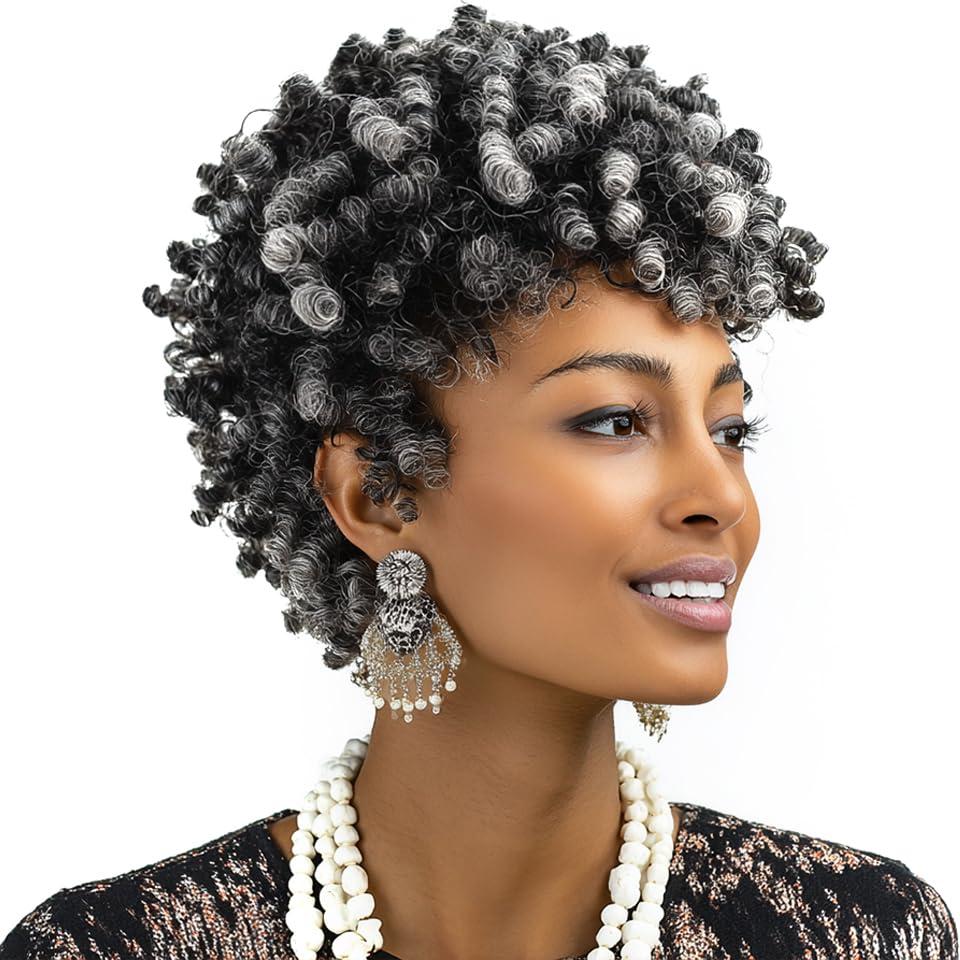 Afro Wig Afro Wigs For Black Women Pixie Wigs For Women Curly Hair Wig Gray Wigs Black Curly Wig Synthetic Curly Wig Curly Afro Wigs For Black Women Grey Curly Wig Curly Short WigBlack And Gray