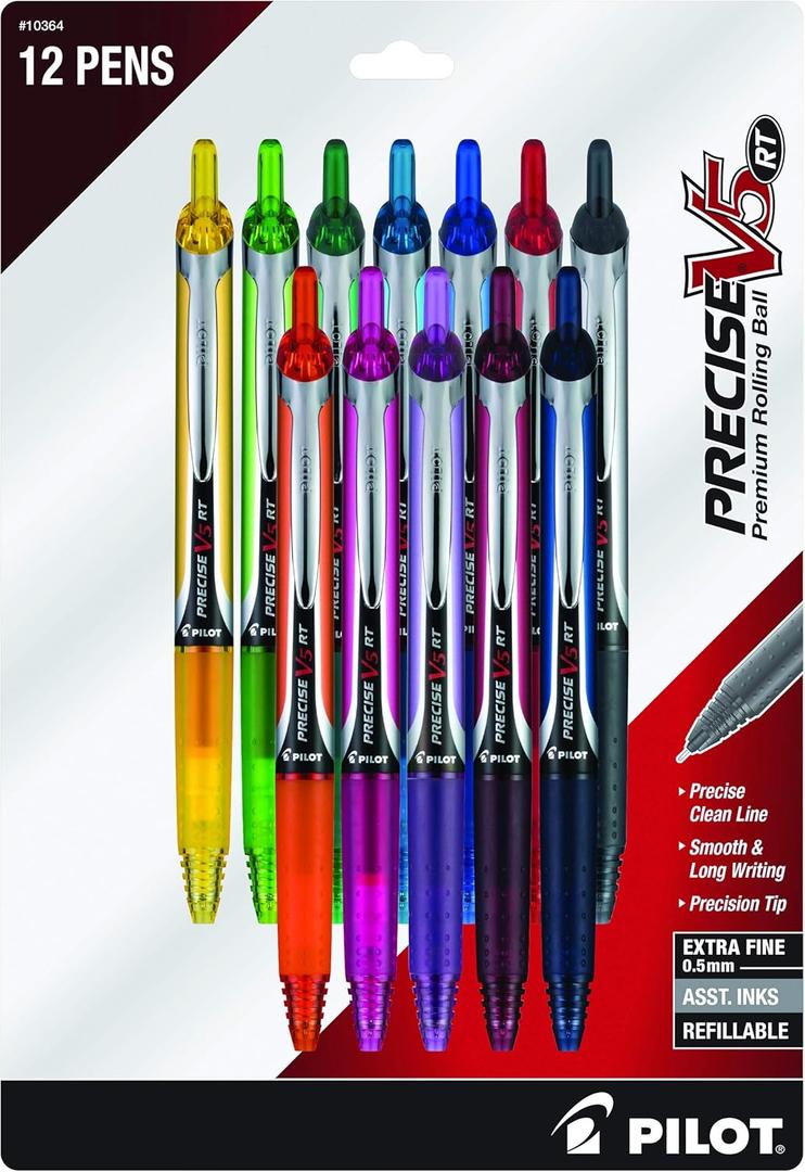 Pilot, Precise V5 RT Refillable & Retractable Rolling Ball Pens, Extra Fine Point 0.5 mm, Assorted Colors, Pack of 12