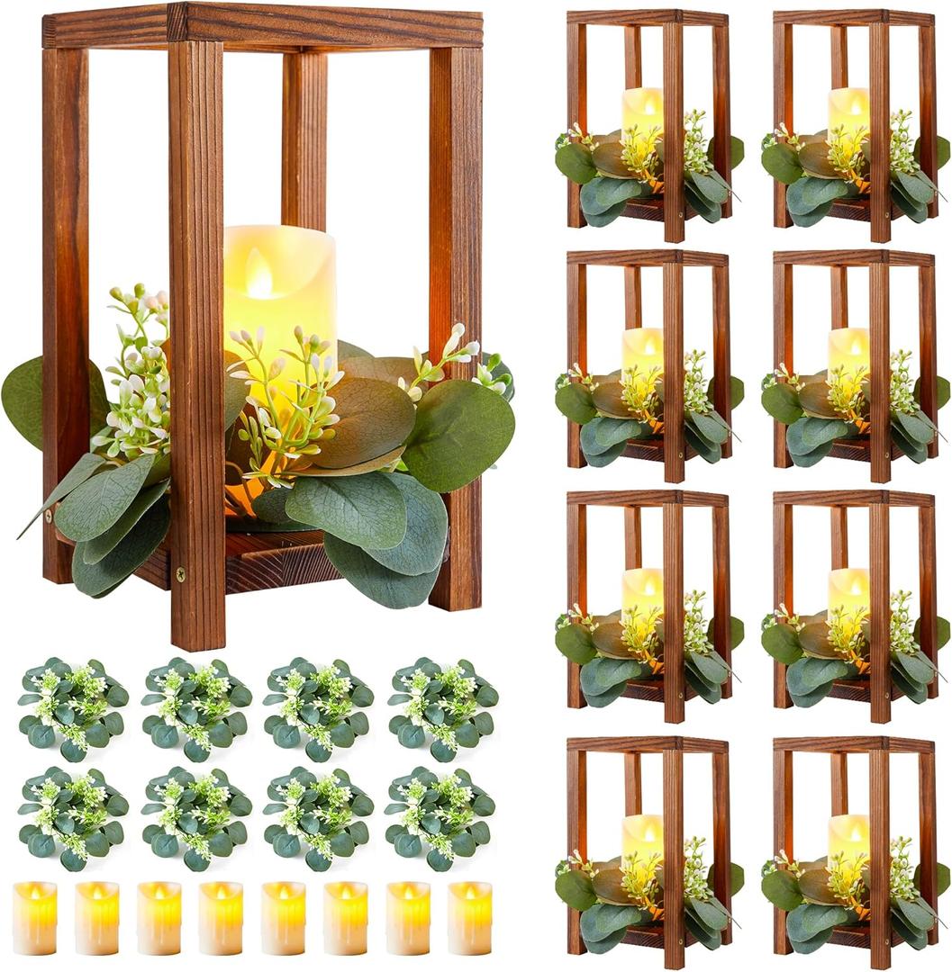 8 Set/24 Pcs Wooden Wedding Lantern Centerpiece Include 8 Wooden Lantern Candle Holder 8 Flameless LED Candle 8 Eucalyptus Leaves Wreath for Centerpieces Wedding Table Party Farmhouse Decor
