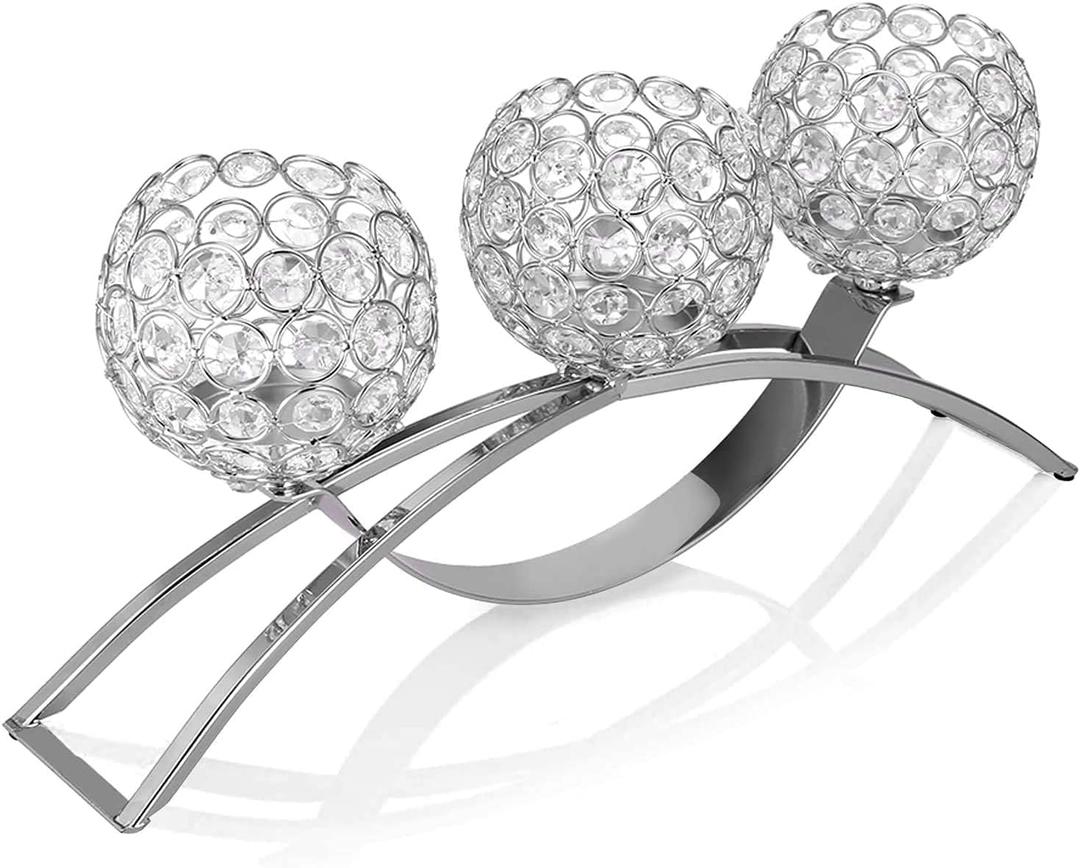 Crystal Candle Holders, 3 Arms Crystal Candelabras, Coffee Table Decorative Centerpieces for Living Room,Dinning Room Christmas Decoration, Wedding Decor,Home Decor,Wedding Gifts(Silver)