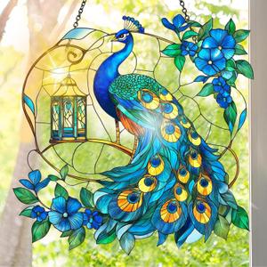 Colorful Acrylic Suncatcher, Peacock Hanging Window Decor with Printed Stained Glass Style Design Sun Catcher, Rainbow Maker Wall Art, Gift Idea & Garden Ornament for Indoor Outdoor Use 7.8 x 7.8 inch