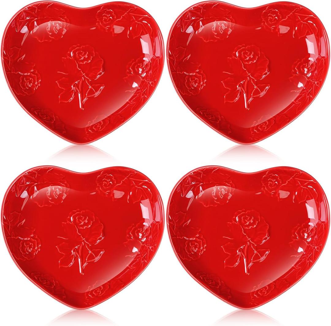 Tioncy 4 Pcs Valentine's Day Ceramic Heart Shaped Plates Galentine's Day 9 Inches Porcelain Heart Bowls Rose Dishes for Dessert Salad Appetizer Valentine Party Supplies(Red)