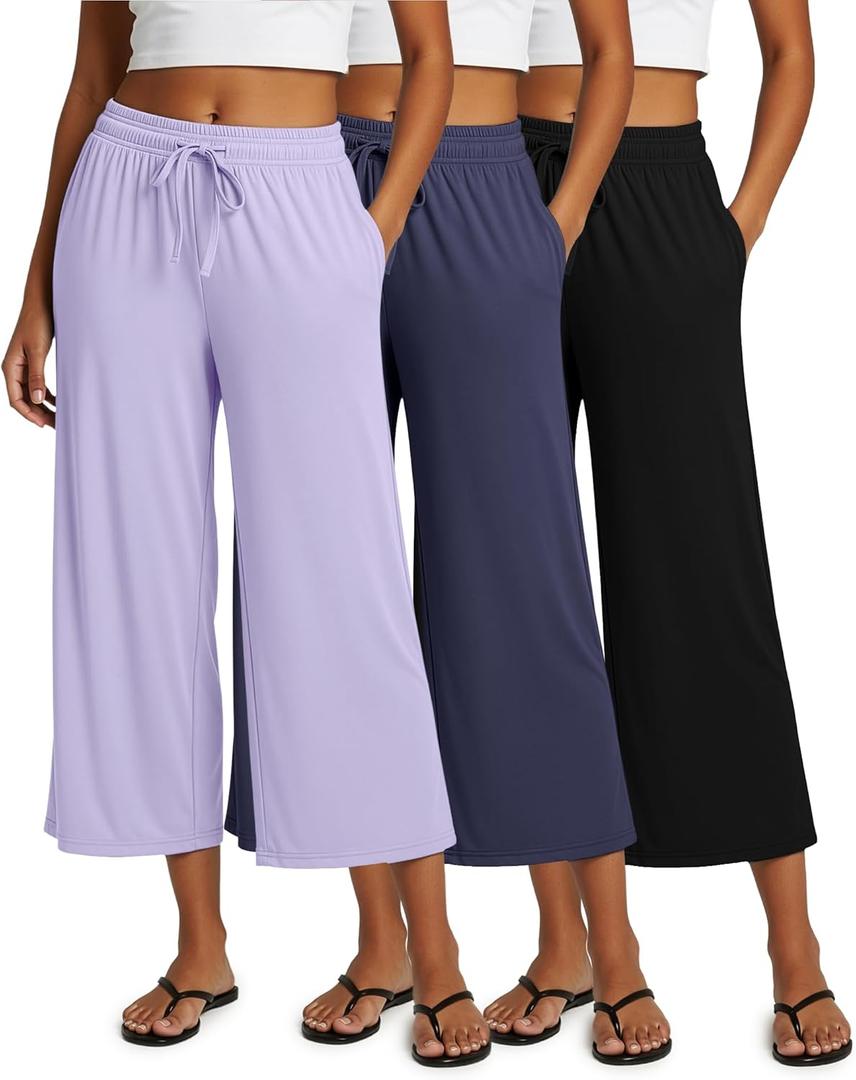 Real Essentials 3 Pack: Women's Ultra-Soft Wide Leg Loose Capri Open Bottom Pants - Yoga Lounge Pockets (Large)