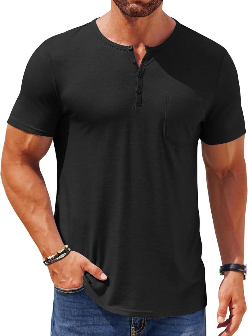 COOFANDY Mens Henley Shirts Short Sleeve Casual T Shirt Plain Slim Fit Henley Stylish Summer Tee Shirts with Pocket (Large, Black)