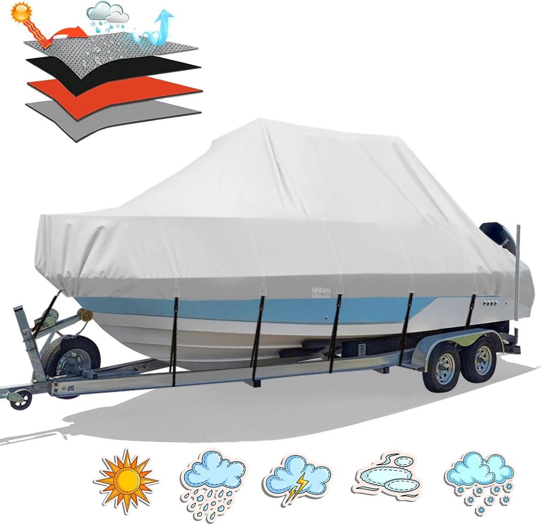 Solim Waterproof T-Top Boat Cover, Heavy Duty 900D Trailerable Marine Grade Jumbo Boat Cover for Center Console Boat with T Top Roof, UV Resistant Canvas TTOP Boat Storage Cover with Straps (Gray), 22'-24' Long (Beam Width up to 106")