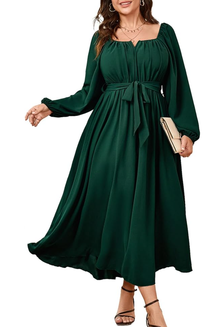 SCOMCHIC Women Plus Size Maxi Dress Long Sleeve Square Neck Wedding Guest Cocktail Belted Elegant Flowy A Line Long Dresses, Dark Green, XL