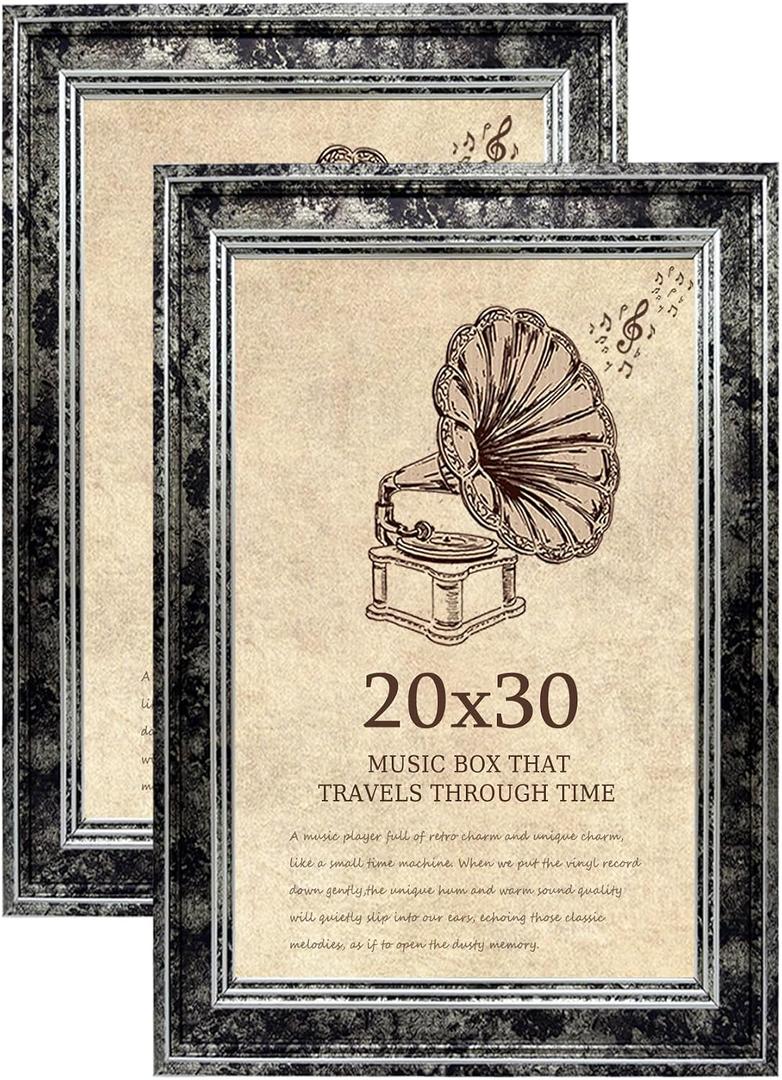 20x30 Picture Frame with Real Glass set of 2, Vintage Frames - Antique Style Frames for Wall - Ornate Frame for Rustic Black Office or Home Decor Display Family Friends Wedding Gift, 20x30in
