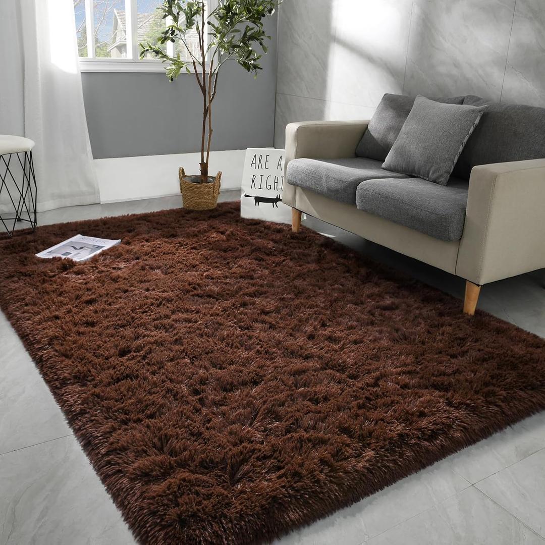 Hutha 4x6 Large Area Rugs for Living Room, Super Soft Fluffy Modern Bedroom Rug, Brown Coffee Indoor Shag Fuzzy Carpets for Girls Kids Nursery Room Home Decor