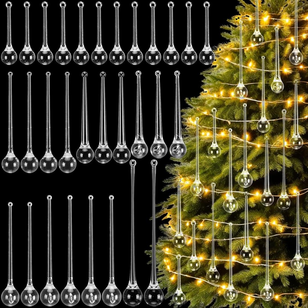 Amyhill 80 Pcs Christmas Teardrop Ornaments, Hanging Acrylic Crystal Raindrop Ornaments for Christmas Xmas Holiday Party Decorations