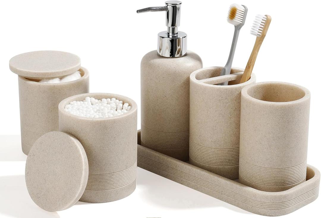 Bathroom Accessories Set, 6-Piece Bathroom Accessory Set, Toothbrush Holders Set, Soap Dispenser, Vanity Tray, Tumbler, Cotton Swab Jars, Bathroom Organizer for Modern Bathrooms, (Beige)