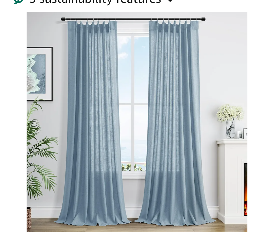 Blue Linen Pleated Curtains 108 Inch Long for Living Room Bedroom 2 Panel Light Filtering Privacy Semi Sheer Window Curtain Modern Farmhouse Coastal Decor Back Tab Clip Rings Drape for Large Window
