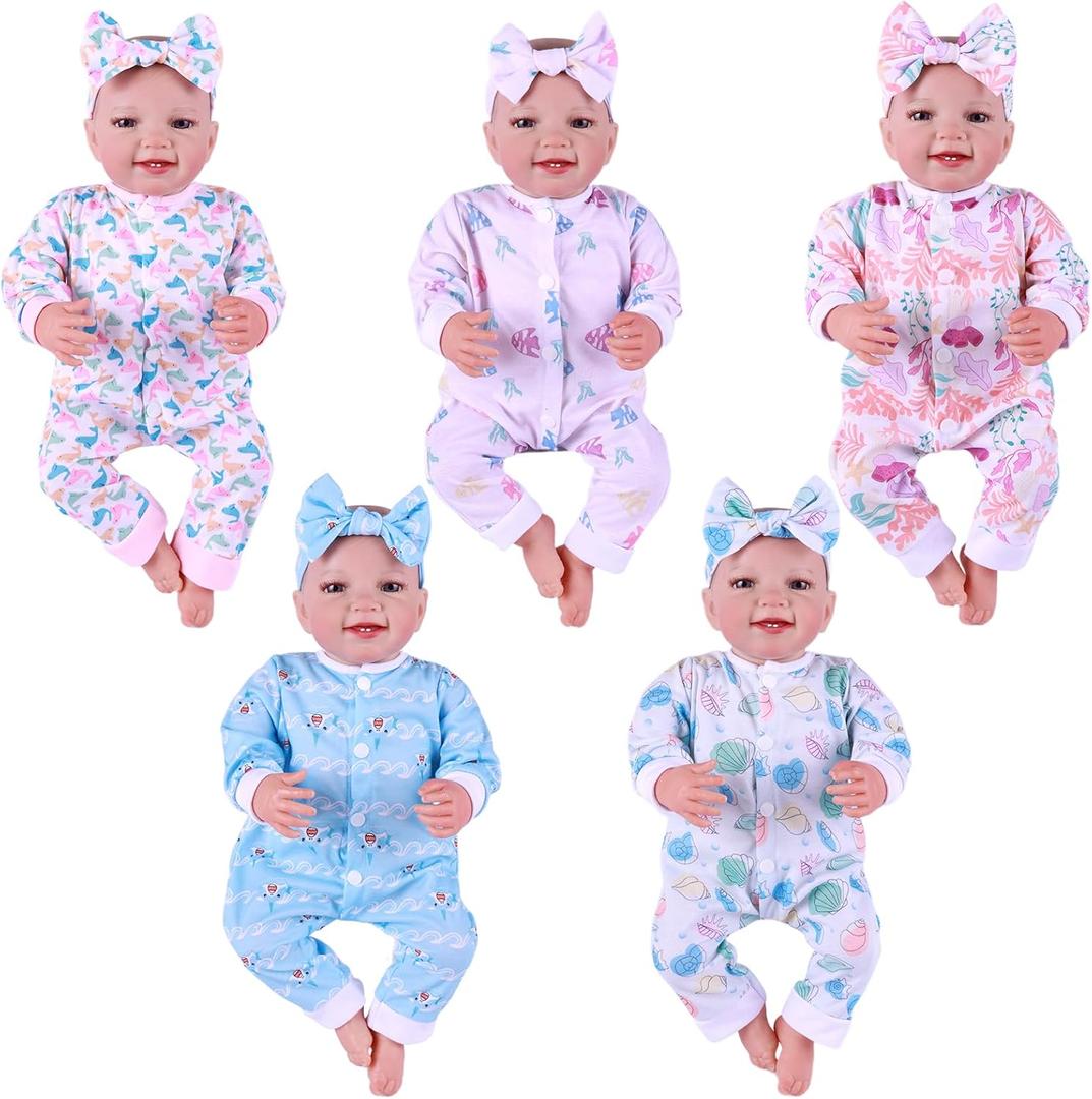 BABESIDE 5 Sets of Reborn Baby Doll Clothes with Doll Headband for 17-22 Inch Dolls, Newborn Baby Doll Clothes and Accessories Set with Various Cute Patterns for Real Life Baby Dolls