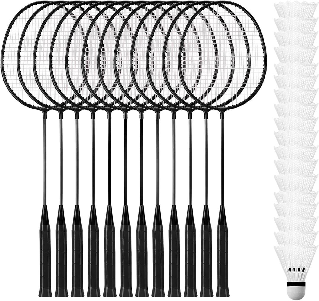 Wettarn 12 Pcs Badminton Rackets Bulk with 18 Nylon Badmintons, Shuttle Set for Beginners Advanced Player Backyard Gym Beach Outdoor