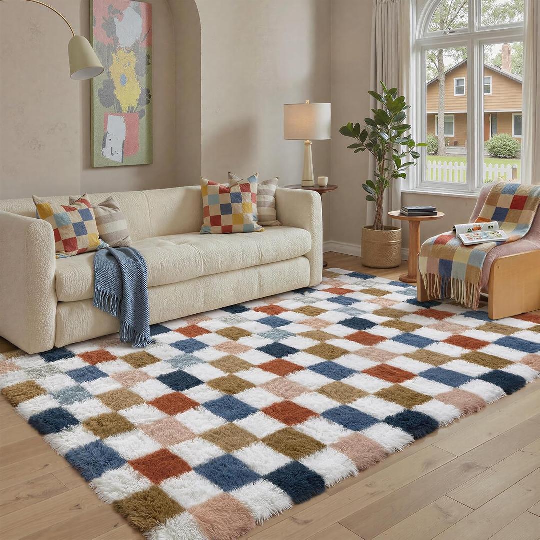 Checkered Area Rug 4x6 for Bedroom Soft Fluffy Shag Carpet | Machine Washable, Non-Slip, Colorful, High Pile, Cozy for Living Room, Kids Room, Nursery, Playroom, Classroom, Modern Decor (Rainbow)