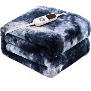 Electric Heated Throw Blanket 50"x60", Luxury Blue Faux Rabbit Fur Electric Blanket, Fast Heating Soft Fluffy Thick Electric Blanket with 6 Heating Levels & 12H Auto Off