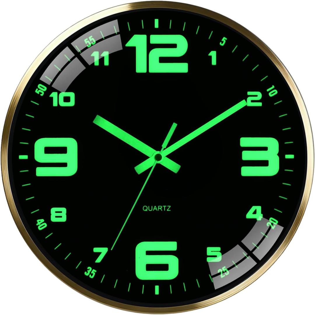 This 12-inch wall Clock Features a Beautiful Metal Frame, Nighttime Illumination, a Silent Ticking Sound, Tempered Glass to Prevent Breakage, AA Battery Power, and Large, Easy-to-Read Digits.