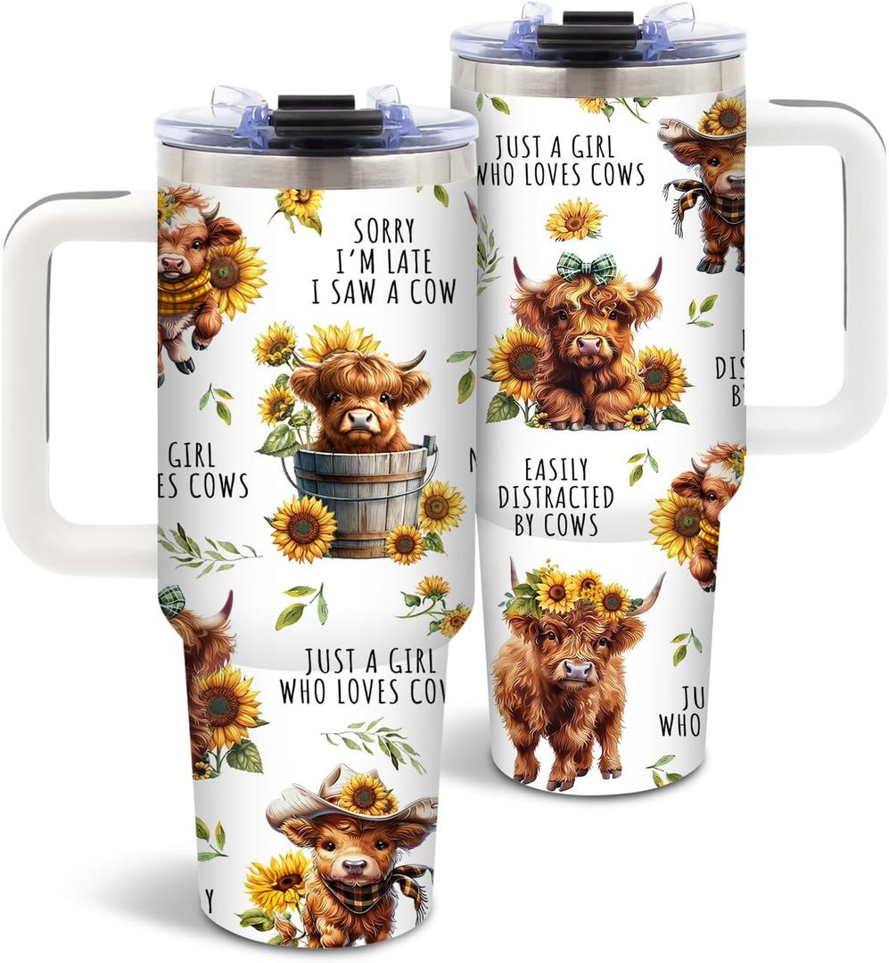 DUUV Highland Cow Gifts for Women Girls, Highland Cow Tumbler Cup, Christmas Birthday Gifts for Cowgirls, Just A Girl Who Loves Cows, Funny Cowgirl 40 Oz Tumbler with Handle, 1PCS