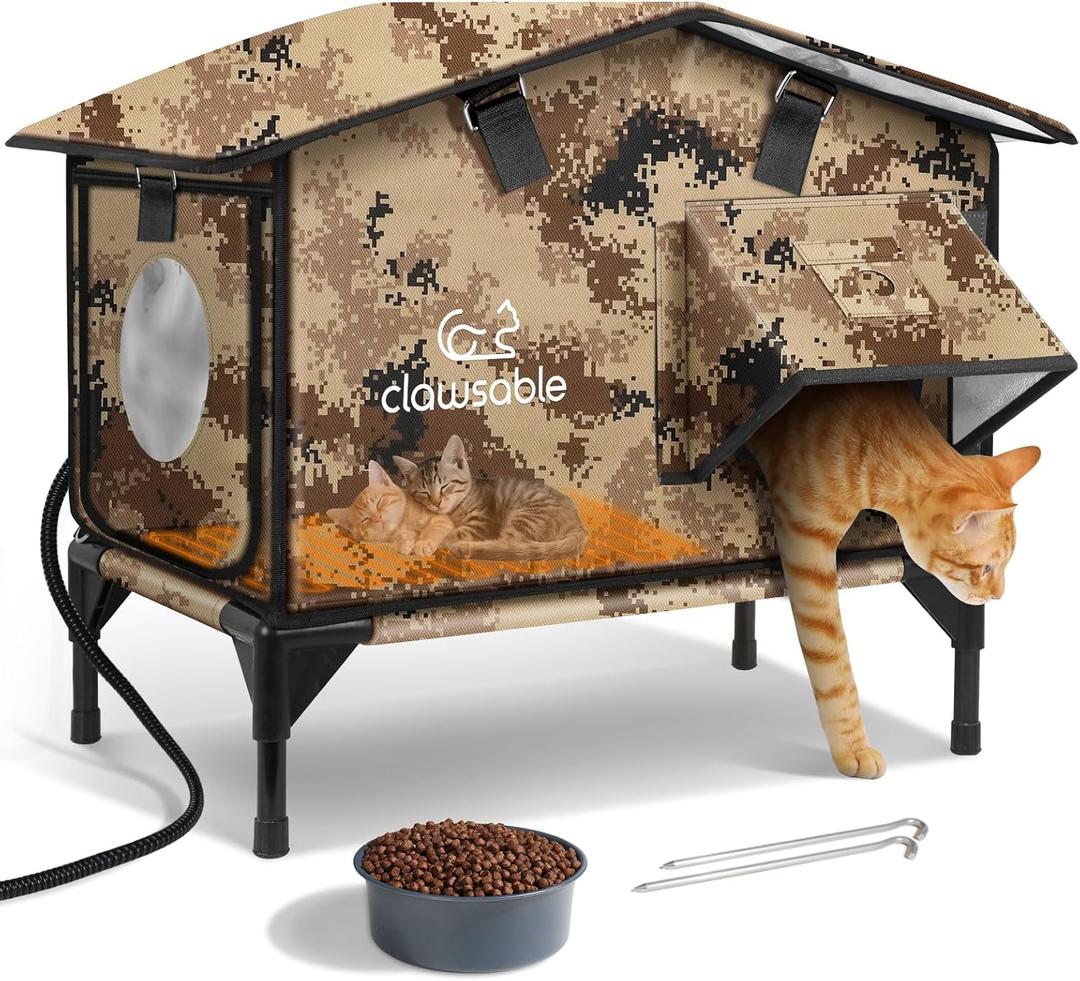 Upgraded Heated Cat House for Outside Escape Door, Highly Insulated Heated Outdoor Cat House Waterproof Awning, Weatherproof Outdoor Feral Cat Shelter for Stray Winter (22.0"L x 12.0"W x 20.0"H, Desert Camo)