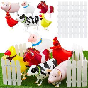 Soulchen 10 Pcs Adopt a Farm Animal Themed Party Favor Include 6 Walking Animals Balloons and 4 Picket Fence Cutouts for Farm Theme Birthday Gifts Baby Shower Photography Party Decorations