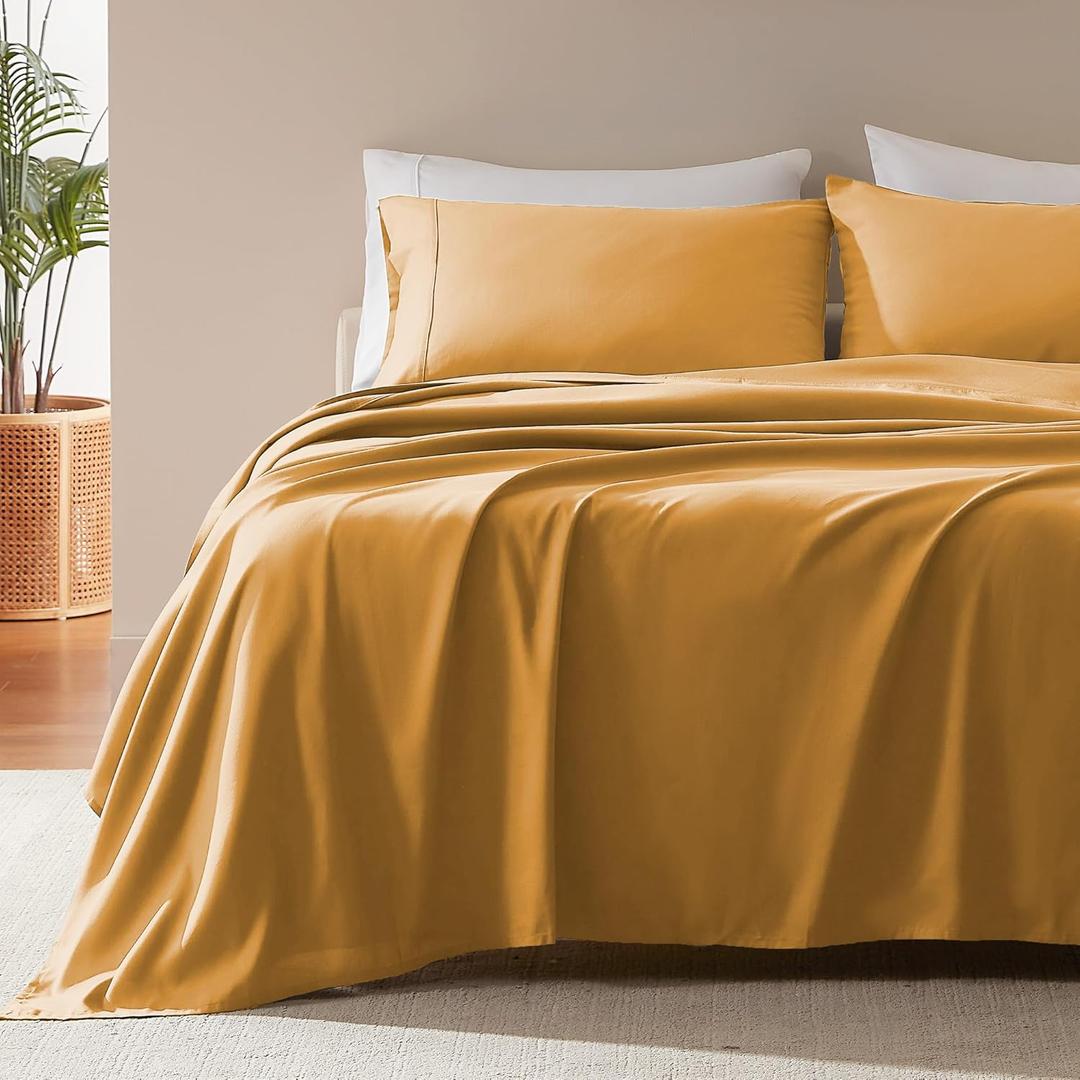 SLEEP ZONE Nanotex Super Soft Cooling Queen Bed Sheets Set 4 Piece - Easy Care Fitted Flat Sheet & Pillowcase Sets - Wrinkle Free, Fade Resistant, Deep Pocket 16" (Dull Yellow, Queen)