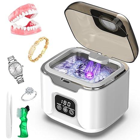 Ultrasonic Retainer Cleaner Machine, Portable 48kHz Dental Retainer Cleaner with 240ml Capacity, Digital Mouth Guard Cleaner with Timer for Denture Aligner Jewelry and Makeup Tools (White)