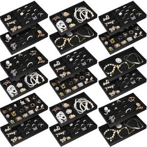 Junkin 18 Pcs Velvet Jewelry Tray, Stackable Jewelry Organizer Trays for Drawer, Jewellery Box Divided Display Tray, Jewelry Inserts for Drawer for Rings Earring Bangle Necklaces(Black)