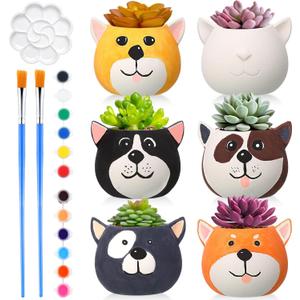 Pasimy 6 Set Ceramics to Paint DIY Ceramic Succulent Planter Pots Paint Your Own Flower Pots Craft Kit Unpainted Bisque Flowerpot with Brush Palette for Family Activity Holiday Gifts(Dog)