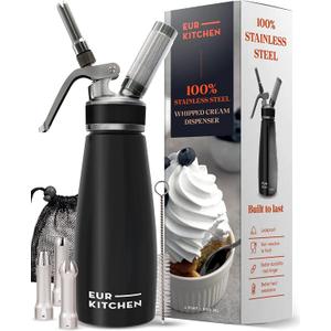 EurKitchen Stainless Steel Professional Whipped Cream Dispenser - Leak-Free Whip Cream Maker Canister - 3 Decorating Nozzles & Cleaning Brush - 1Pint /500 ML Cream Whipper - N2O Charger (Not Included) (Stainless Steel Black)