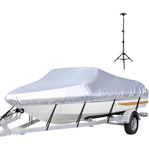 iCOVER Trailerable Boat Cover with Support Pole- 14'-16' Heavy Duty Waterproof Tarp Covers, Fits V-Hull, Fish&Ski, Pro-Style, Fishing, Runabout, Bass Boats, up to 14ft-16ft Long X 90" Wide