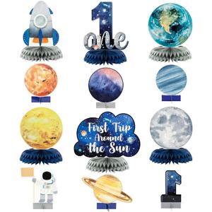 ANGOLIO 12Pcs First Trip Around The Sun One Letter Sign Party Honeycomb Table Centerpiece Outer Space 1st Birthday Party Decorations Planets Solar System Theme Favor for Boys Baby Shower Photo Props