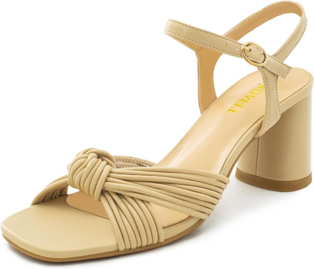 FINDVELL Women's Heeled Sandals Chunky Heel Strappy Metallic Braided Knotted Square Open Toe Ankle Strap Block Heel Sandals, Size 7.5