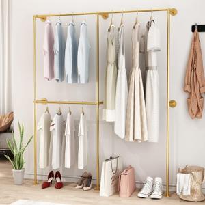 DR.IRON Industrial Pipe Gold Clothing Racks with Double Bar, Industrial Pipe Clothes Racks Wall Mounted, Heavy Duty Gold Closet Rods for Hanging Clothes Organizer Storage