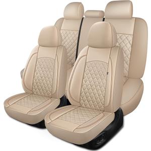 HChengkikz Car Seat Covers Full Set, Breathable and Waterproof Napa Leather Car Seat Cover, Interior Universal Fit for Cars, Sedans, SUVs, Vans, Trucks (Full Seat, Beige)