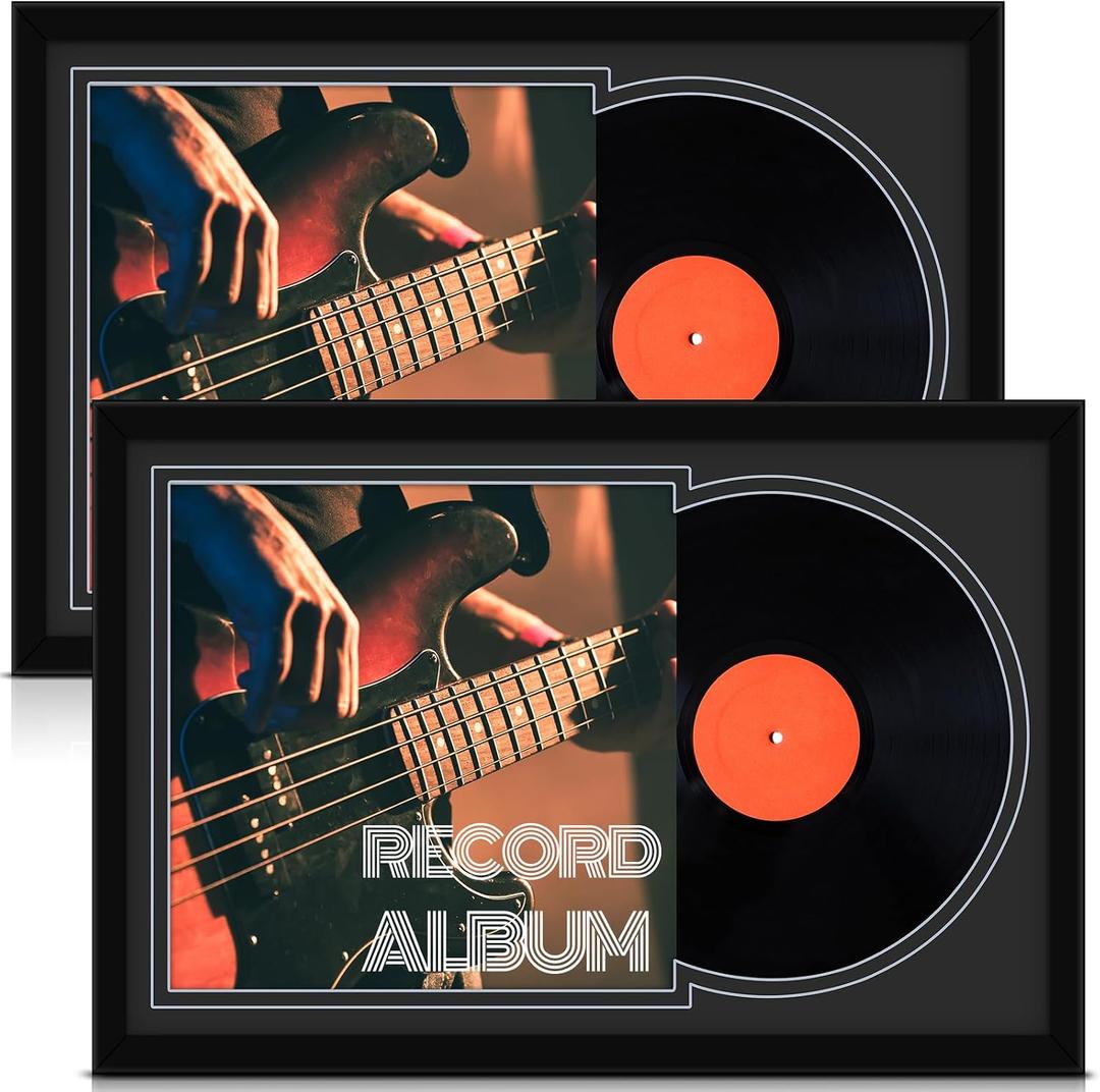 Colingmill 2 Pcs Vinyl Record Display Frame 16x22 Inches Double Groove Record Album Frame and 12.512.5 Inch Album Cover Art for Wall Mounting Home Decor (Black Matting)