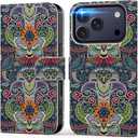 DEENAKIN for iPhone 17 Pro Wallet Case with Card Holder + Cash Clip, RFID-Blocking, Military-Grade Drop Protection & UV-Printed Artwork, Magnetic Closure with Leather Stand - Mysterious Animal Design