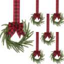 6 Pcs Mini Christmas Cabinet Wreaths 9.45 Inch Norfolk Pine Wreaths with Red Checkered Bow Tie Retro Buffalo Plaid Hanging Decor for Kitchen Chair Windows Doors Farmhouse