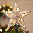 Christmas Star Tree Topper, Plug in Sliver Glittered 3D Star Tree Topper, Metal Hollow Designed Built-in 10 Bulbs String Lights for Indoor Office Christmas New Year Holiday Tree Decoration (Pvc Silver Star)