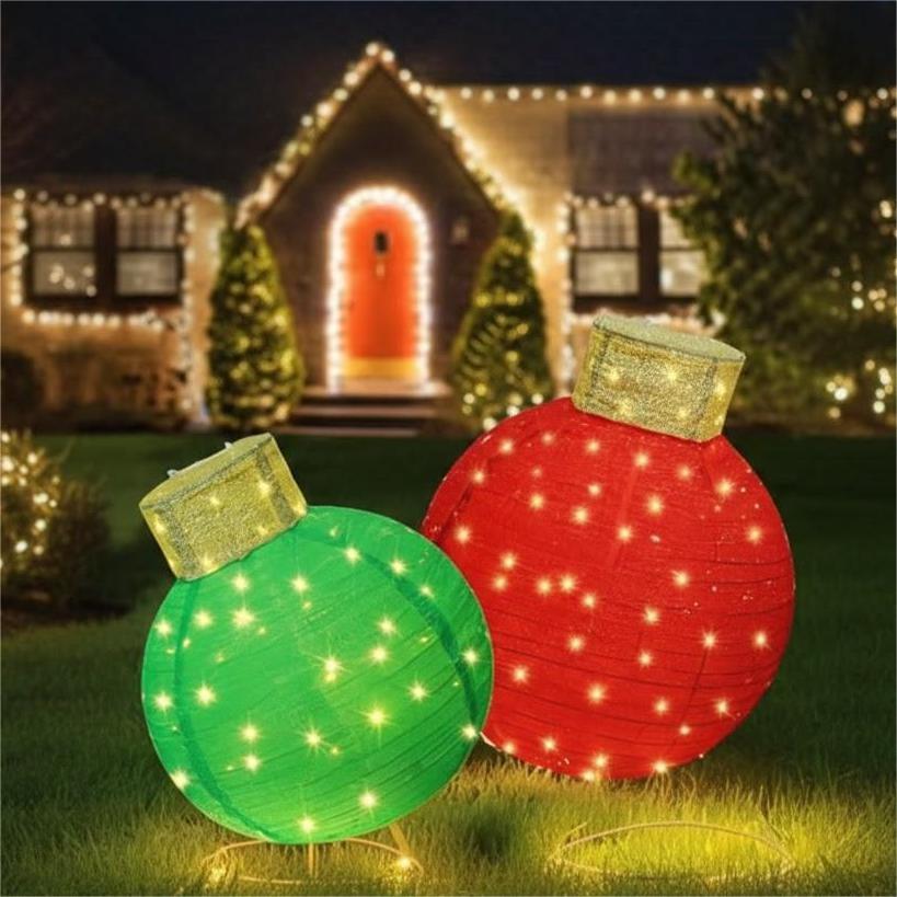 2pc Giant Lighted Pop-Up Outdoor Christmas Ornament Set, Large Holiday Ball Decoration with 240 LED for Yard and Lawn Lights Red/ Green/ Blue