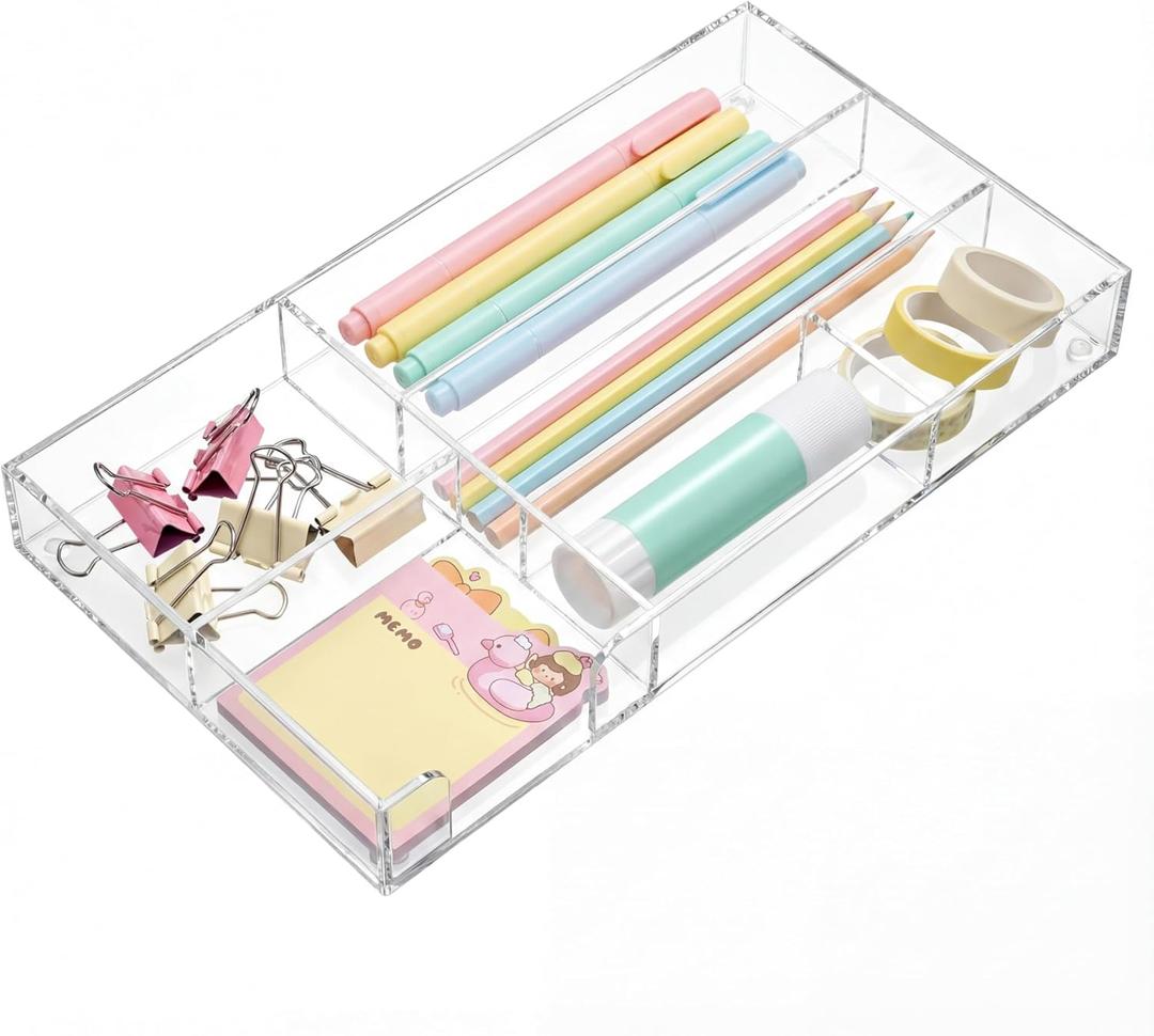 Clear Acrylic Desk Drawer Organizer 11 x 6.1 x 1.38 Inch Storage Tray Organizer for Pens, Stationery, Desktop, Office, Bathroom, Kitchen, Makeup Supplies (6 Compartments) (Transparent)